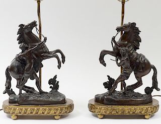 PAIR OF PATINATED WHITE METAL "MARLY HORSES"/LAMPS