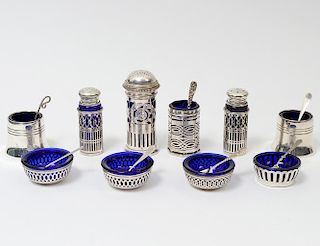 GROUP OF TEN STERLING SILVER AND SILVER PLATED SHAKERS AND OPEN SALTS