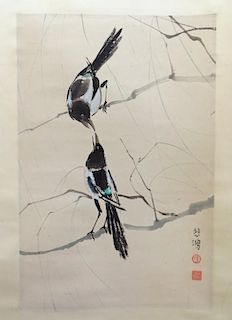 Chinese Watercolor Of Two Perching Birds