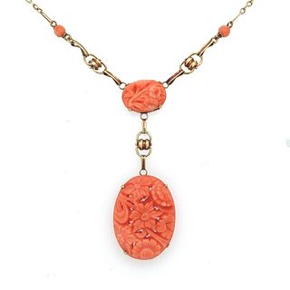 Art Deco Yellow Gold 14k Carved Genuine Natural Coral Necklace 