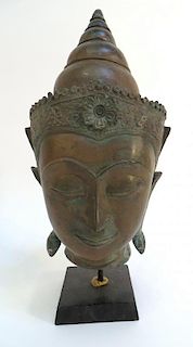Antique Bronze Buddha Head On Stand