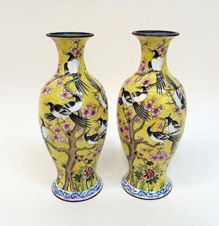 Pair Of Yellow Enamel Qianlong Vases