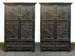 Pair Of Zitan Dragon Cabinets