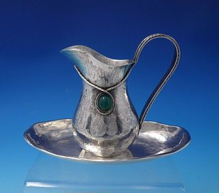 Portuguese Sterling Silver Creamer and Underplate Green Stone Rope Border 