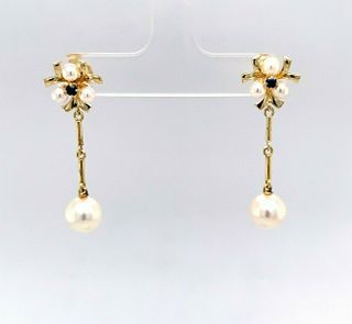 14k Yellow Gold Pearl and Sapphire Drop Earrings 