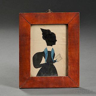 Puffy Sleeve Artist (New England, ac. 1830-31)       Silhouette Portrait of a Woman Wearing a Blue Scarf and Holding a Book.