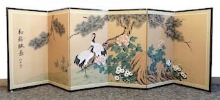 Six Panel Japanese Screen Of Birds And Flowers