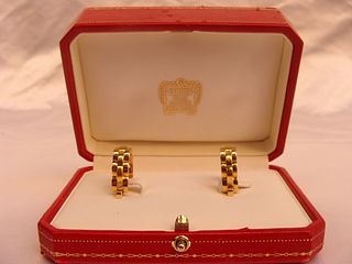 MAGNIFICENT CARTIER 18K GOLD MAILLON PANTHERE STIRRUP CUFFLINKS WITH BOX