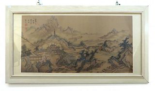 Framed Chinese Watercolor Of Village & Mountains