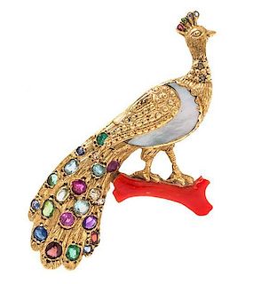 A Yellow Gold and Multigem Peacock Brooch, 13.40 dwts.