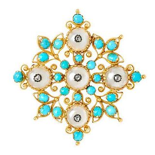 A Yellow Gold, Cultured Pearl, Turquoise and Diamond Brooch, 4.20 dwts.