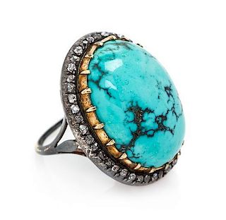 * A Victorian Silver, Yellow Gold, Turquoise and Diamond Ring, 7.10 dwts.