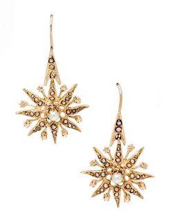 A Pair of Yellow Gold and Seed Pearl Sunburst Motif Ear Pendants, 5.90 dwts.