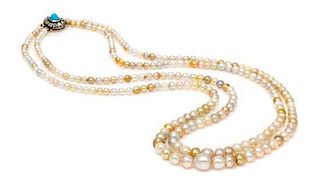 A Graduated Double Strand Multicolor Natural Pearl Necklace with Gold, Turquoise and Diamond Clasp,