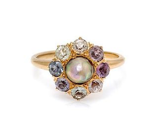 A Victorian Rose Gold, Pearl and Fancy Sapphire Ring, 2.30 dwts.