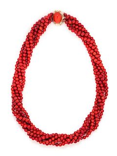 A Multi Strand Coral Bead Necklace with Yellow Gold and Diamond Clasp,