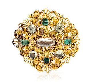 * A Georgian Yellow Gold, Emerald, Hardstone and Paste Brooch, Circa 1830, 6.00 dwts.