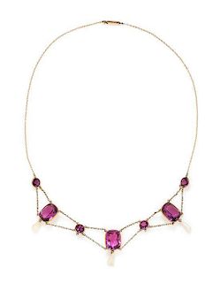 * An Art Nouveau Rose Gold, Amethyst and Pearl Swag Necklace, 6.00 dwts