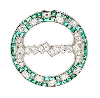 An Art Deco Platinum, Emerald and Diamond Brooch, 5.40 dwts.