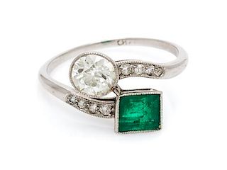 A Platinum, Emerald and Diamond Bypass Ring, 2.20 dwts.