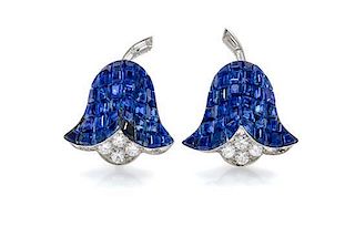 A Pair of Platinum, Diamond and Mystery Set Sapphire Campanule Earclips, Van Cleef & Arpels, 9.90 dwts.