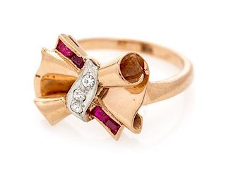 A Rose Gold, Diamond and Ruby Bow Ring, 3.20 dwts.