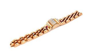 A Retro Rose Gold, Platinum, Diamond and Synthetic Ruby Surprise Wristwatch, 47.10 dwts.