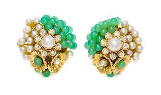 * A Pair of 18 Karat Yellow Gold, Cultured Pearl, Chrysoprase and Diamond Earclips, 10.00 dwts.