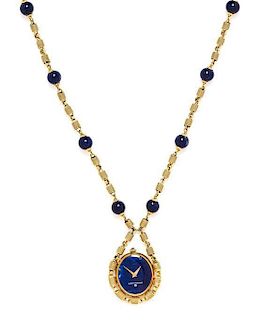 An 18 Karat Yellow Gold and Sodalite Watch Pendant Necklace, Universal Geneve, 33.50 dwts.