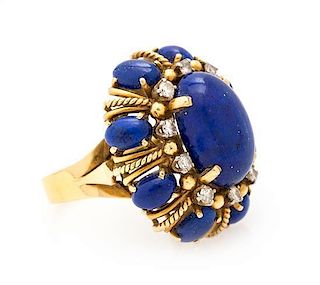 * An 18 Karat Yellow Gold, Lapis Lazuli and Diamond Bombe Ring, 8.40 dwts.