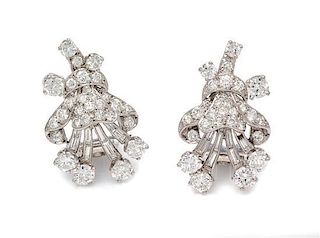 A Pair of Platinum and Diamond Spray Earclips, Circa 1950, 10.10 dwts.