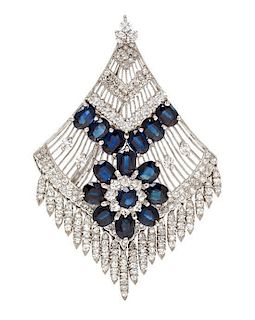 A White Gold, Sapphire and Diamond Pendant/Brooch, 12.50 dwts.