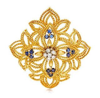 An 18 Karat Yellow Gold, Diamond and Sapphire Brooch, Tiffany & Co., 20.80 dwts.