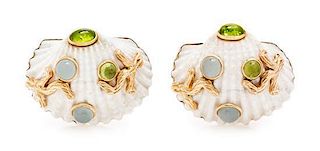 A Pair of Yellow Gold, Shell and Multigem Earclips, Maz, 12.90 dwts.