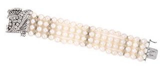 * A White Gold, Diamond and Cultured Pearl Bracelet, 40.30 dwts.