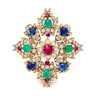 An 18 Karat Yellow Gold, Ruby, Emerald, Sapphire and Diamond Pendant/Brooch, Van Cleef & Arpels, 18.30 dwts.