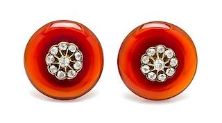 A Pair of Yellow Gold, Silver, Diamond and Carnelian Earclips, 15.30 dwts.