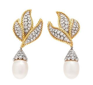 * A Pair of Bicolor Gold and Diamond Earclips with Detachable Cultured Pearl Drops, Circa 1960, 18.90 dwts.