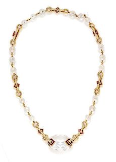 An 18 Karat Yellow Gold, Rock Crystal, Diamond, and Ruby Necklace, Faraone, 31.90 dwts.