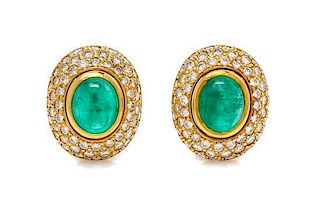 * A Pair of 18 Kart Yellow Gold, Emerald and Diamond Earrings, 8.00 dwts.