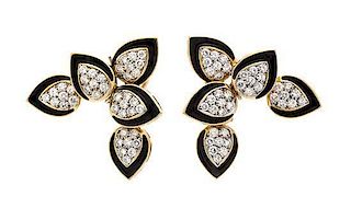 A Pair of Gold, Diamond and Enamel Earclips, 11.10 dwts.