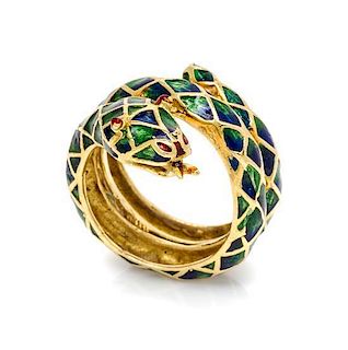 * An 18 Karat Yellow Gold and Polychrome Enamel Serpent Ring, 8.50 dwts.
