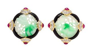 * A Pair of 18 Karat Yellow Gold, Jade, Onyx, Ruby and Diamond Earclips, 14.00 dwts.