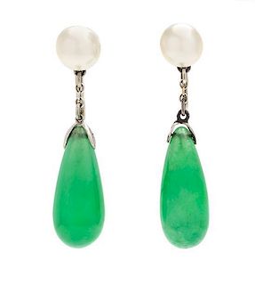 * A Pair of White Gold, Jade and Cultured Pearl Ear Pendants, 2.60 dwts.