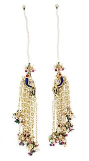 A Pair of Mughal Style 22 Karat Yellow Gold, Seed Pearl, Polychrome Enamel, and Multigem Earrings, 26.70 dwts.