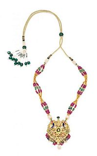 A Mughal Style 22 Karat Yellow Gold, Diamond, Seed Pearl, Polychrome Enamel, and Multigem Diamond Necklace, 42.80 dwts.