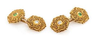 * A Pair of Yellow Gold, Diamond and Demantoid Garnet Cufflinks, Circa 1900, 7.70 dwts.