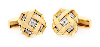 A Pair of 18 Karat Yellow Gold, Platinum and Diamond Cufflinks, 16.00 dwts.