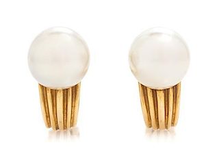 A Pair of 18 Karat Yellow Gold and Cultured Pearl Earclips, Bulgari, 6.30 dwts.