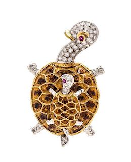 A Bicolor Gold, Diamond, Ruby and Polychrome Enamel Turtle Brooch, 22.50 dwts.